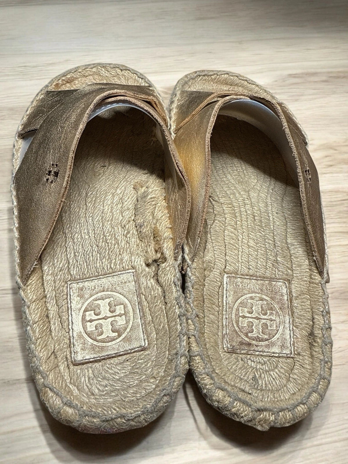 Tory Burch Sz 6.5 Bima Gold Metallic Leather Espadrille Sandals Slides Flats
