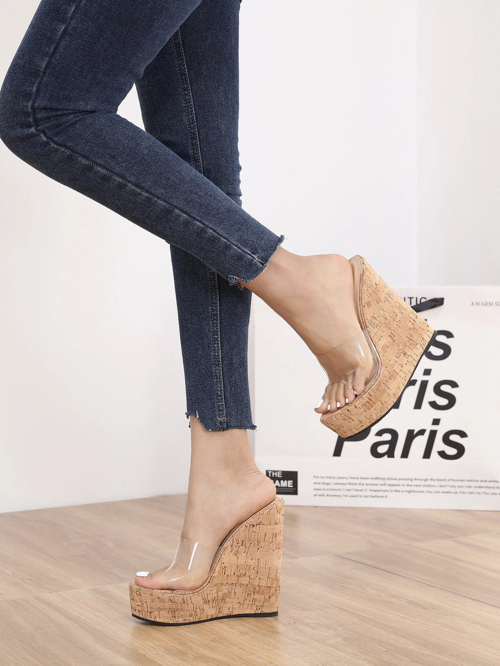 Womens Super High Wedge Heel Clear Transparent Mule Sandals Slide Platform Shoes