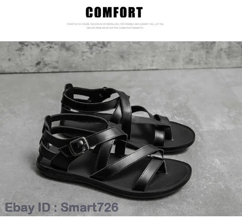 38-45 Mens Flip Flops Buckle Sandals Flat Shoes Summer Roman Style PU Leather