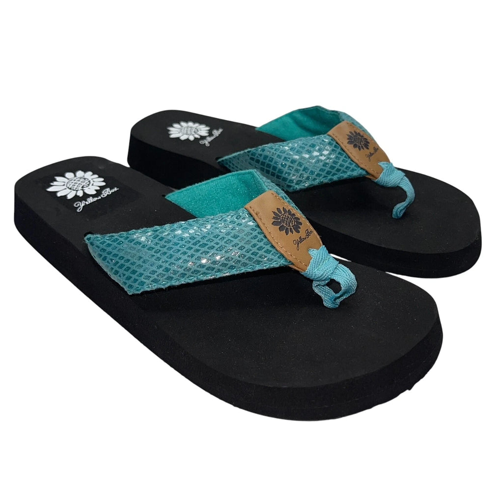 Yellow Box Flip Flops Teal Shiny Snakeskin Embossed Shimmer Wedge Sandal Faya
