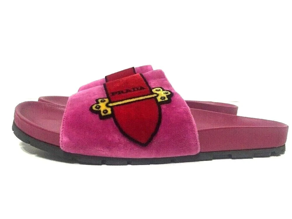 Prada Slides Sandals Slip On Belt Pink Velvet Womens Size EU37.5/US7-7.5