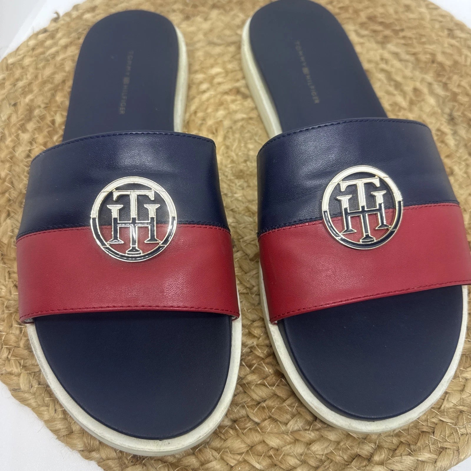 Tommy Hilfiger Blue & Red 'Souli' Slide Sandals Women's Size 9.5 In
