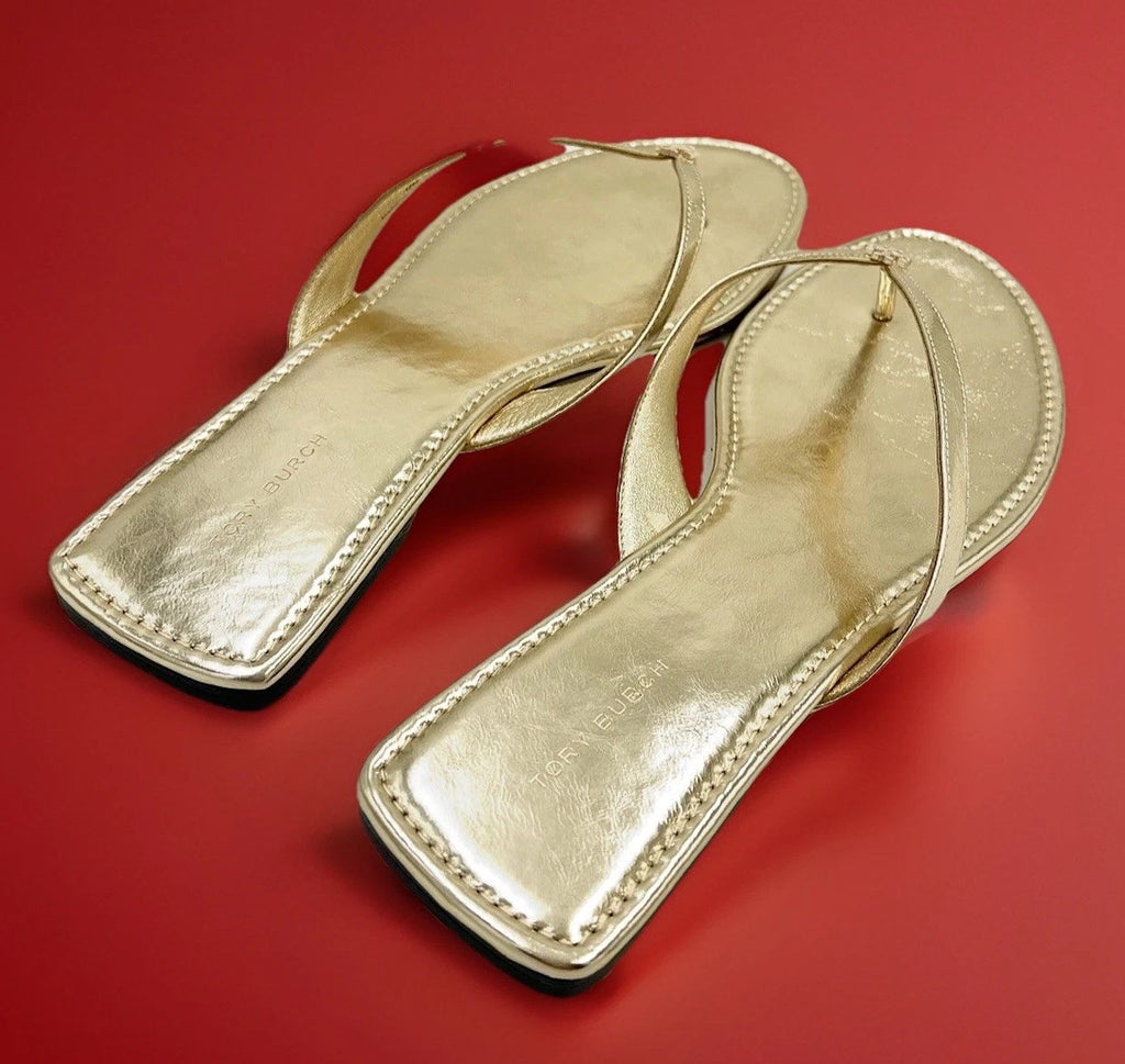 TORY BURCH CLASSIC FLIP FLOP CRINKLE METALLIC LEATHER SPARK GOLD SZ US 10 NIB