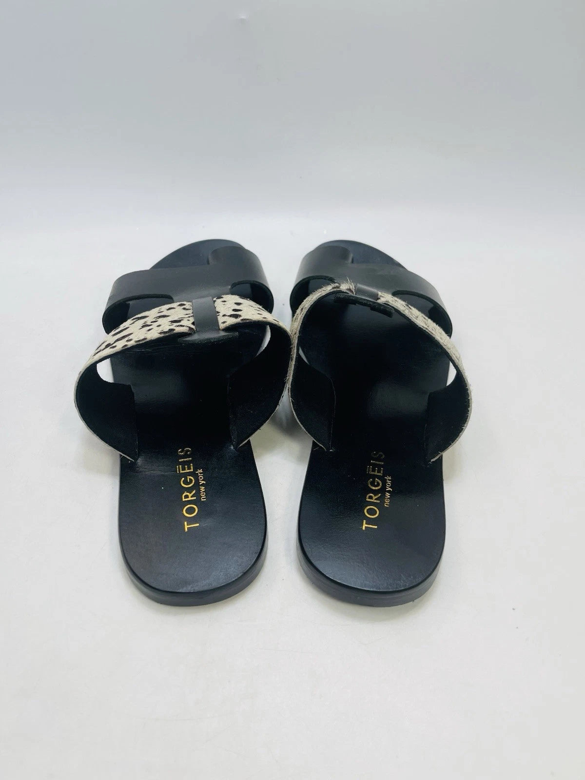 Torgeis New York Sz 7 Epona Slide Sandals Black Leather Pony Calf Hair #FEI1059