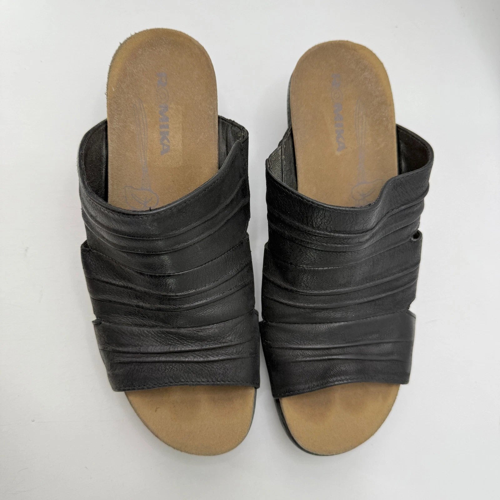 Romika Black Leather Wedge Sandals Slides Casual Comfort Summer Womens Size 40