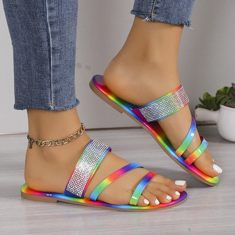 Women's Shiny Rhinestones Flat Slides Fashion Peep Toe Summer Casual Beach Shoes