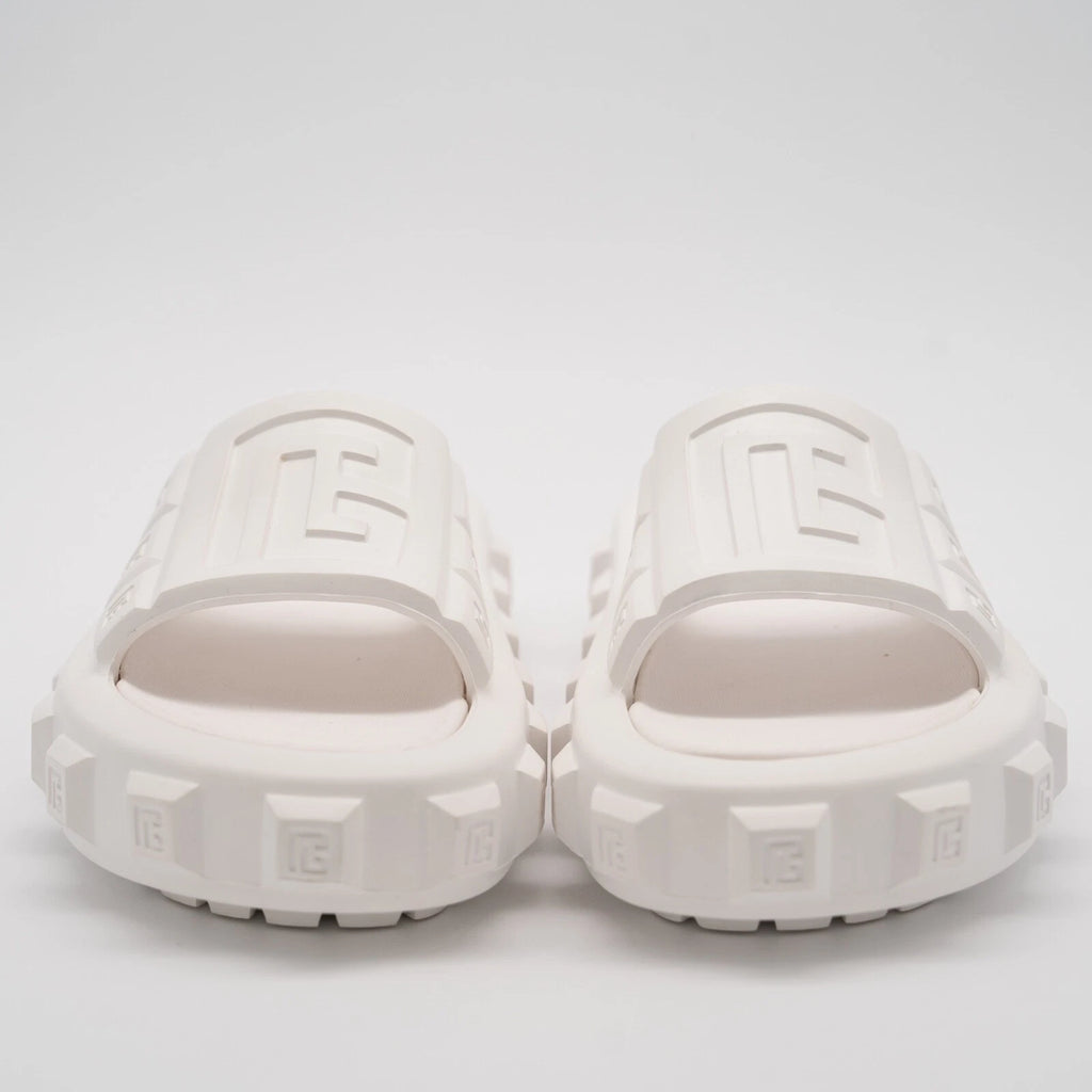 size 38-39 Balmain White Ari Women Rubber Slip On Slides Sandal Embossed Logo