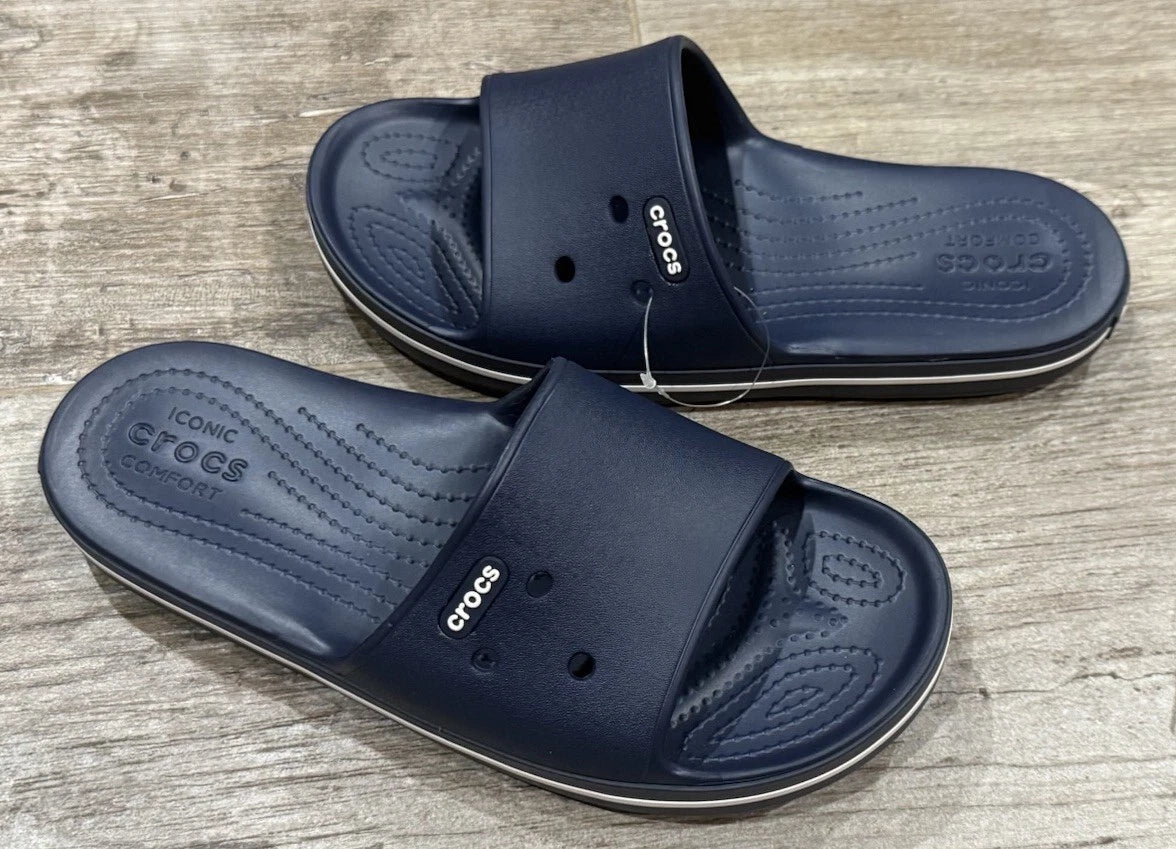 NEW CROCS WOMEN 7 CROCBAND III SLIDE. NAVY / WHITE. STYLE 205733