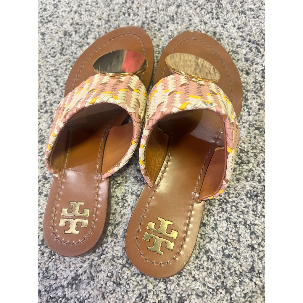 Tory Burch Woven Braided Leather Thong Sandals Gold Medallion Slides Boho Resort