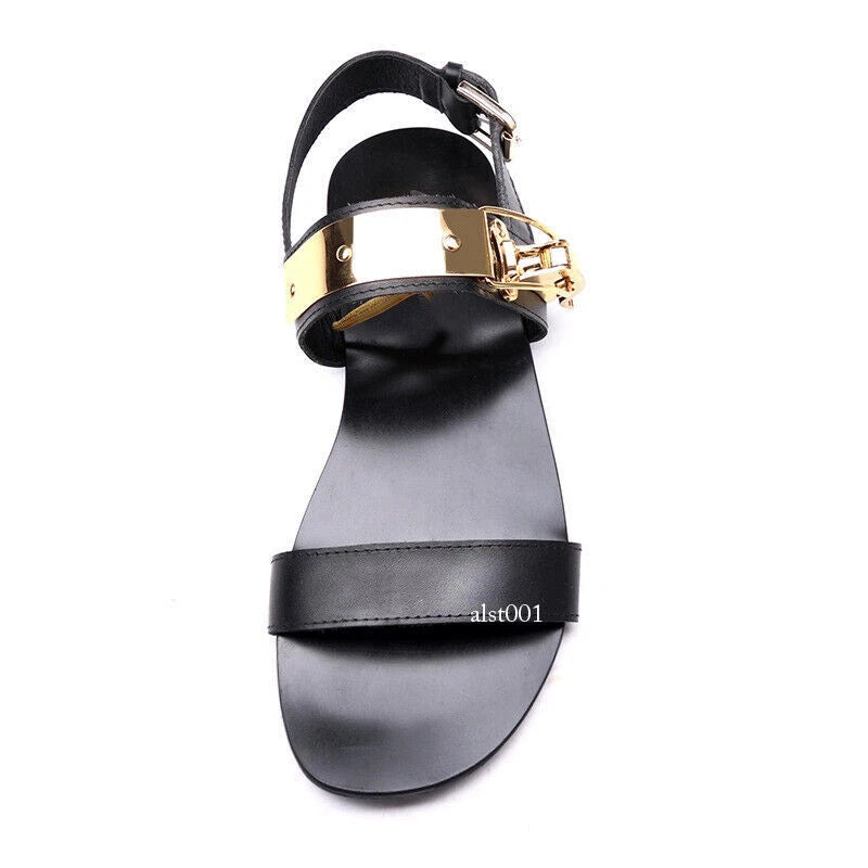 Open Toe Sandals Slingback Metal Trim Casual Real Leather Mens Shoes Roman Style