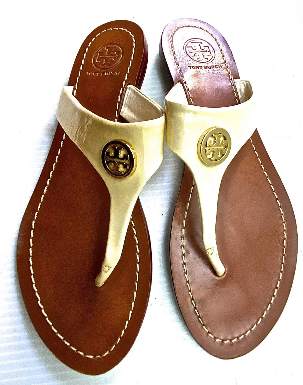 TORI BURCH Women's IVORY LEATHER STRAP FASHION FLIP FLOPS SZ 7M VERY GOOD+ COND.