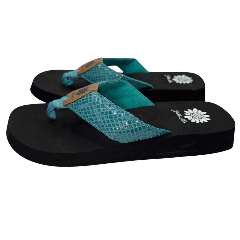 Yellow Box Flip Flops Teal Shiny Snakeskin Embossed Shimmer Wedge Sandal Faya