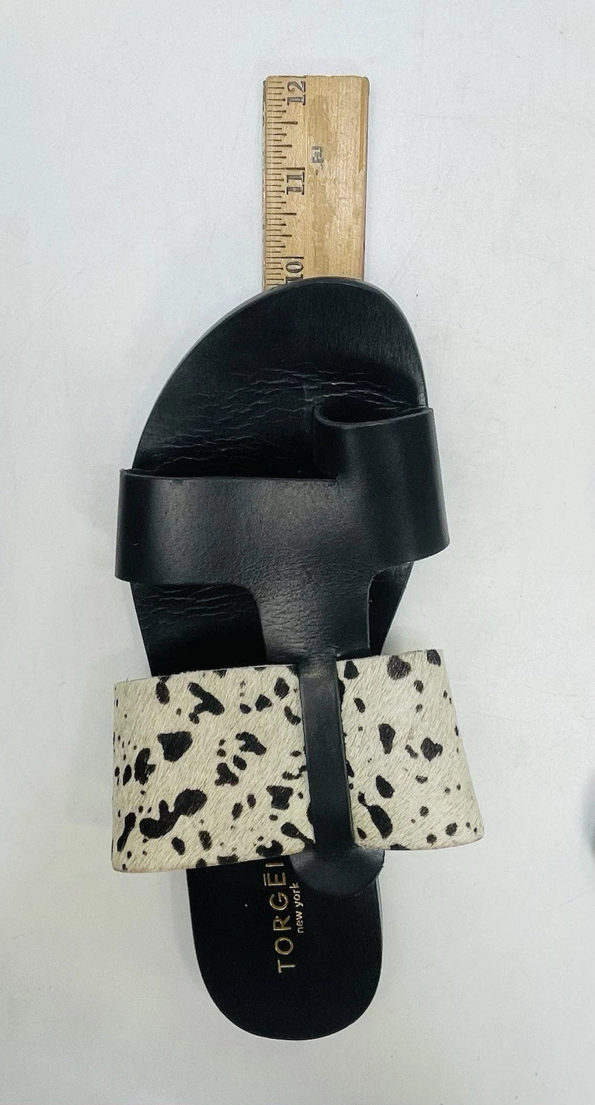 Torgeis New York Sz 7 Epona Slide Sandals Black Leather Pony Calf Hair #FEI1059