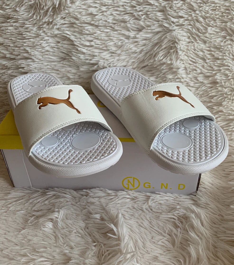 Women’s Slides Size 8 PUMA Cool Cat Sport Style: 371016 17 White Glow/Gold Rose