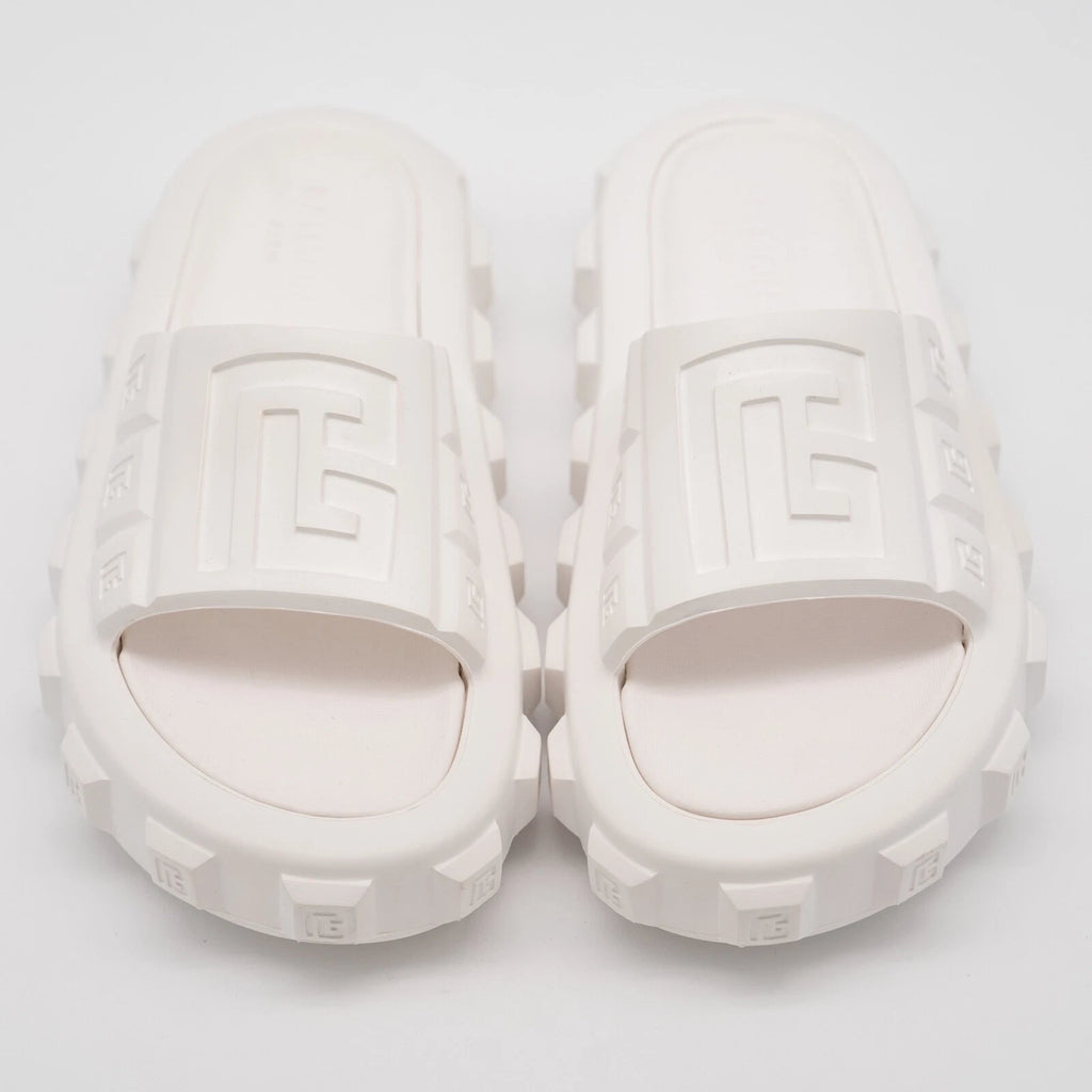 size 38-39 Balmain White Ari Women Rubber Slip On Slides Sandal Embossed Logo