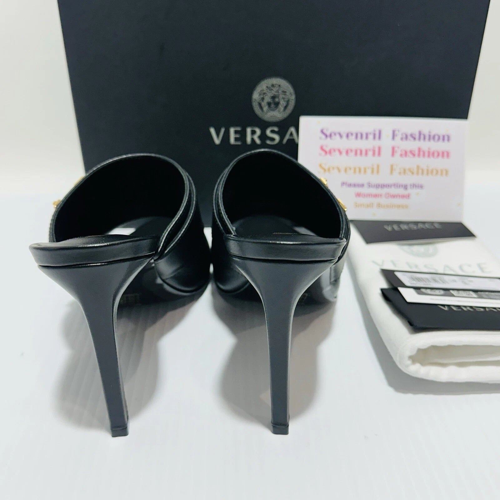 Versace Virtus Leather Open Toe Mule Heel Sandal Black Gold Size 38/8 NIB $900