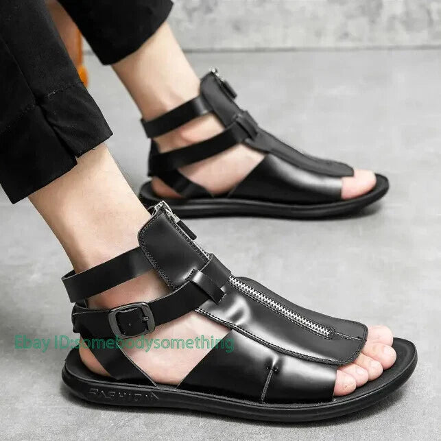 38-45 Mens Slingback Open Toe Buckle Sandals Flats Summer Roman Style PU Leather