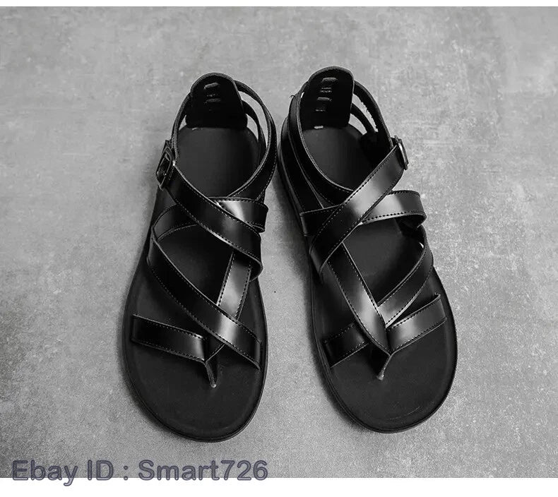 38-45 Mens Flip Flops Buckle Sandals Flat Shoes Summer Roman Style PU Leather