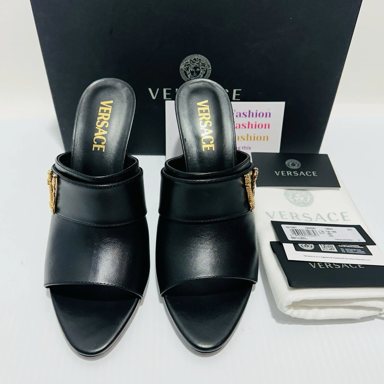 Versace Virtus Leather Open Toe Mule Heel Sandal Black Gold Size 38/8 NIB $900