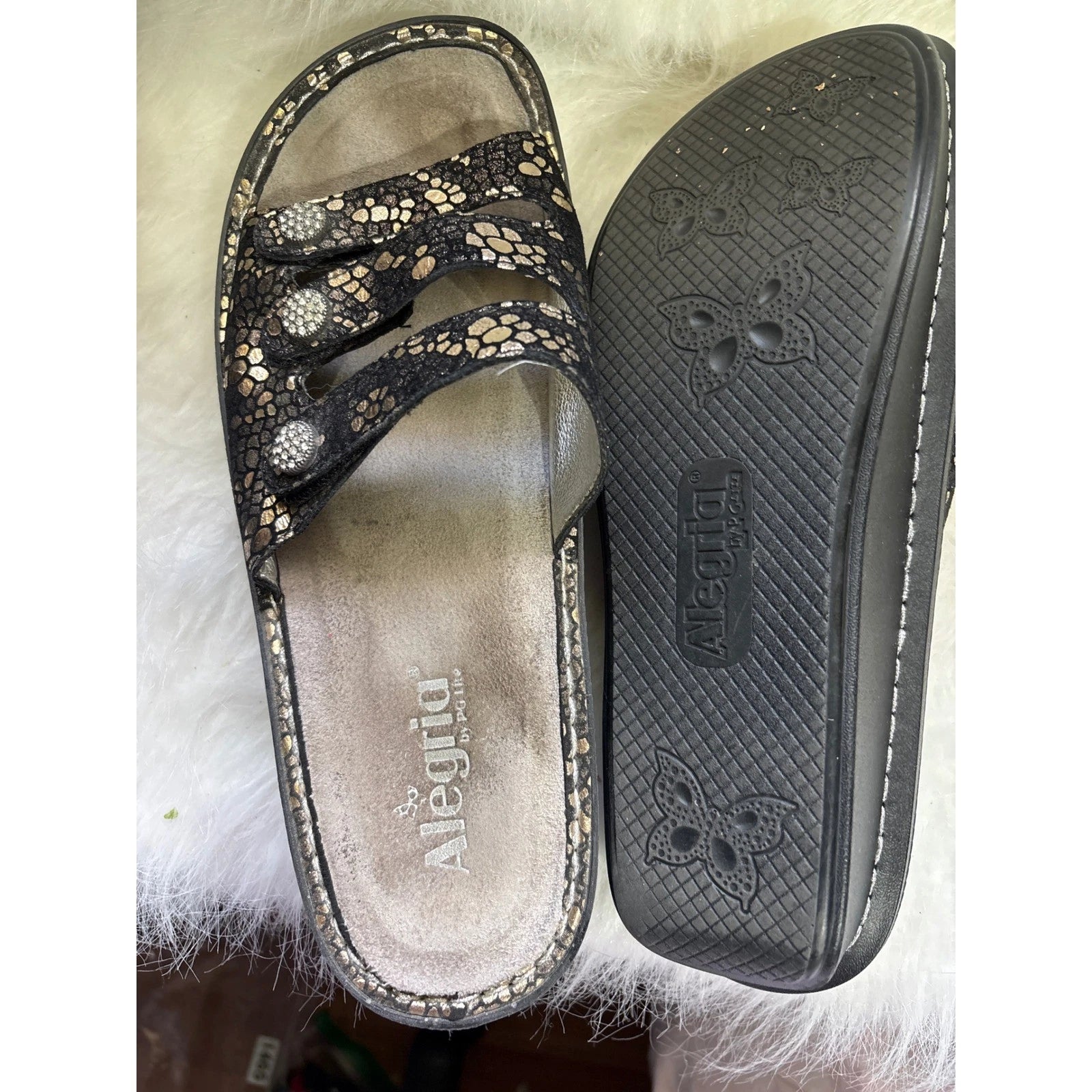 Alegria Black & Gold Leather Rhinestone Embellished Slide Sandals EU 41