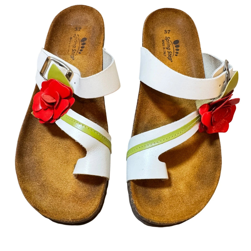 Spring Step Sandals Slides Leather Flower Accent Comfort Casual White 37