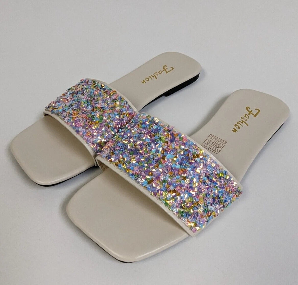 Womens 9.5 Iridescent Bling Rainbow Glitter Sequin Slip On Sandal Slides