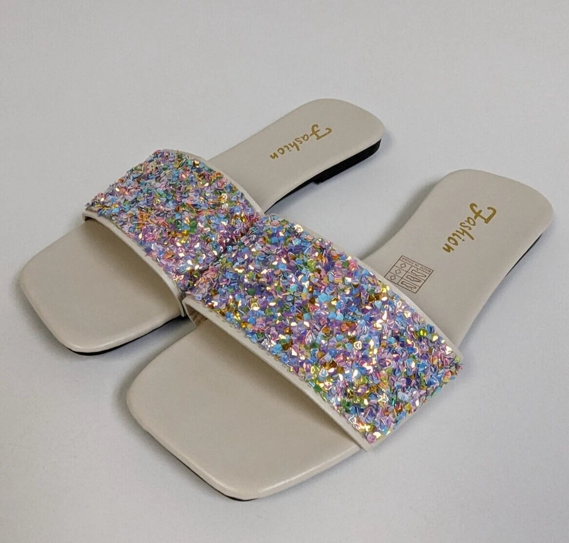 Womens 9.5 Iridescent Bling Rainbow Glitter Sequin Slip On Sandal Slides