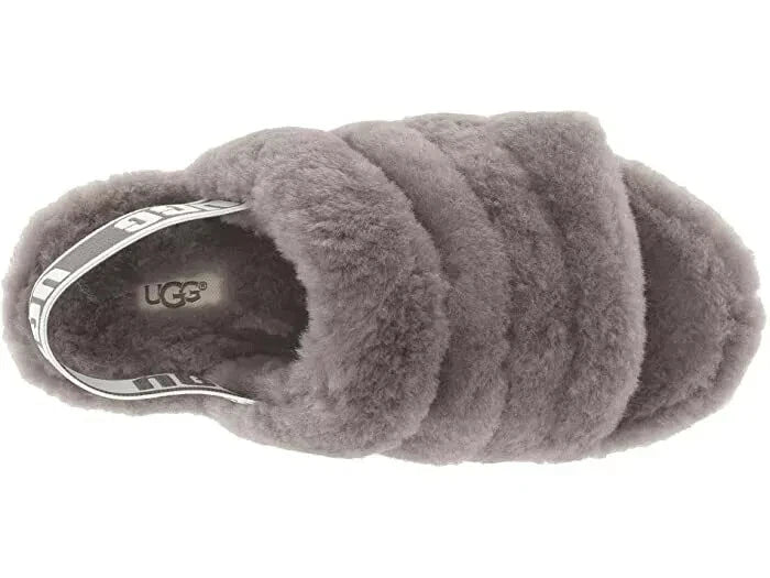 NEW UGG FLUFF YEAH SLIDE SHEEPSKIN SLIPPERS SANDALS SLIDES GREY SIZE 3