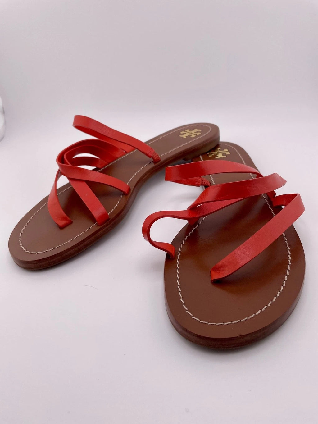 Tory Burch Patos Strappy Flats Slides in Samba Red Vachetta Leather Size 8.5