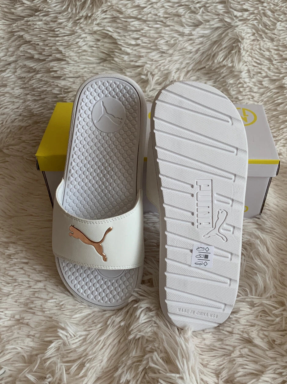 Women’s Slides Size 8 PUMA Cool Cat Sport Style: 371016 17 White Glow/Gold Rose