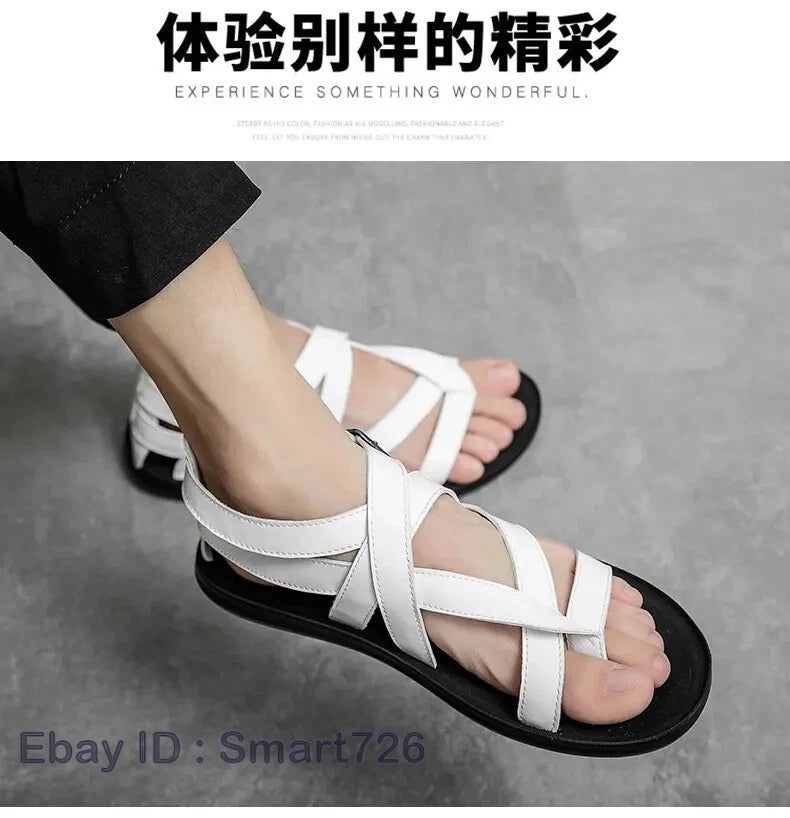 38-45 Mens Flip Flops Buckle Sandals Flat Shoes Summer Roman Style PU Leather