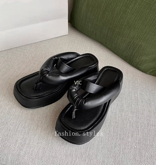 Women's Platform Leather Wedge High Heel Loafer Slipper Shoes Flip-flops Sandals