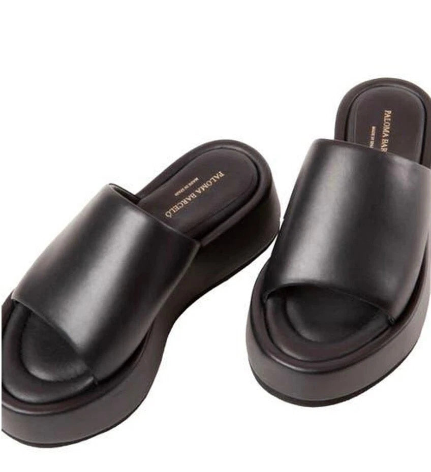 PALOMA BARCELO NIB $370 KORNELIA BLACK LEATHER PLATFORM SLIDE SANDAL. EU38/US8