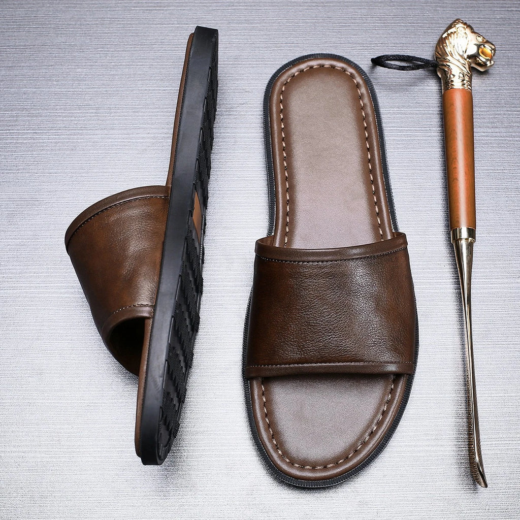 Roman Style Mens Open Toe Sandal Slippers Real Leather Flat Shoes Summer Outdoor