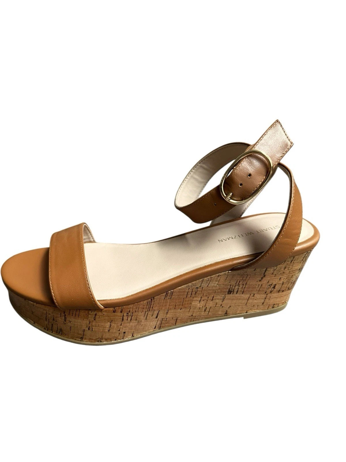 Stuart Weitzman Avenue 65 Platform Wedge Sandal Almond Tan Leather Cork Sz 8.5