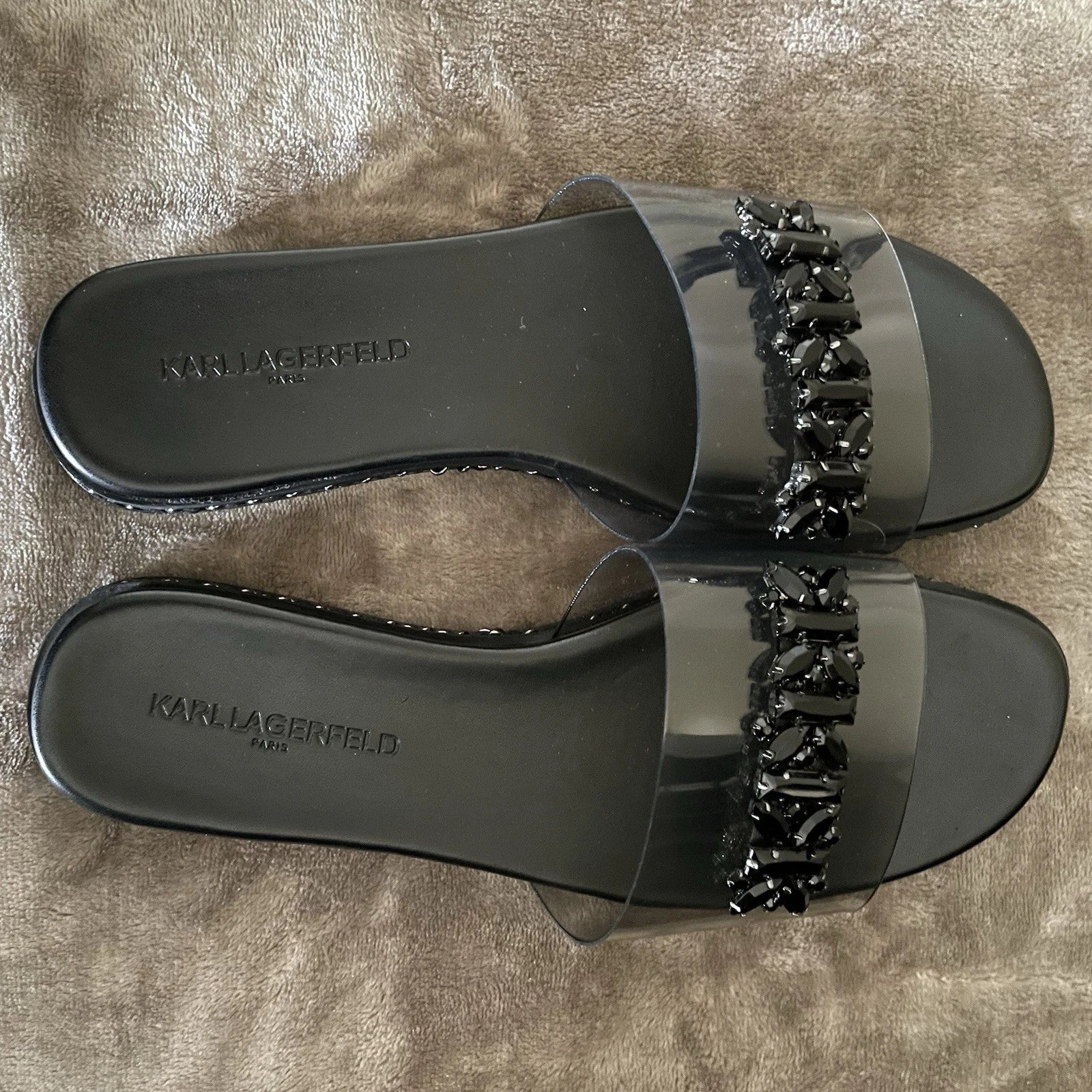 Resort Wear Slip On Vacay Beach Karl Lagerfeld Paris Sandal 9.5 Black Clear Top