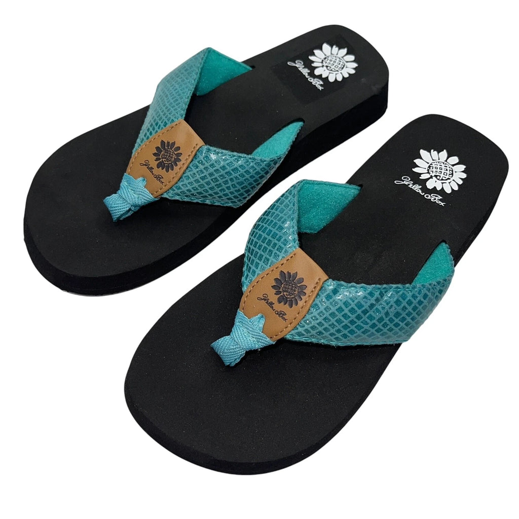 Yellow Box Flip Flops Teal Shiny Snakeskin Embossed Shimmer Wedge Sandal Faya