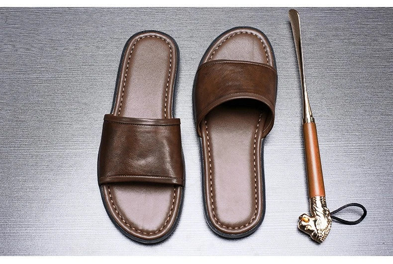 Roman Style Mens Open Toe Sandal Slippers Real Leather Flat Shoes Summer Outdoor