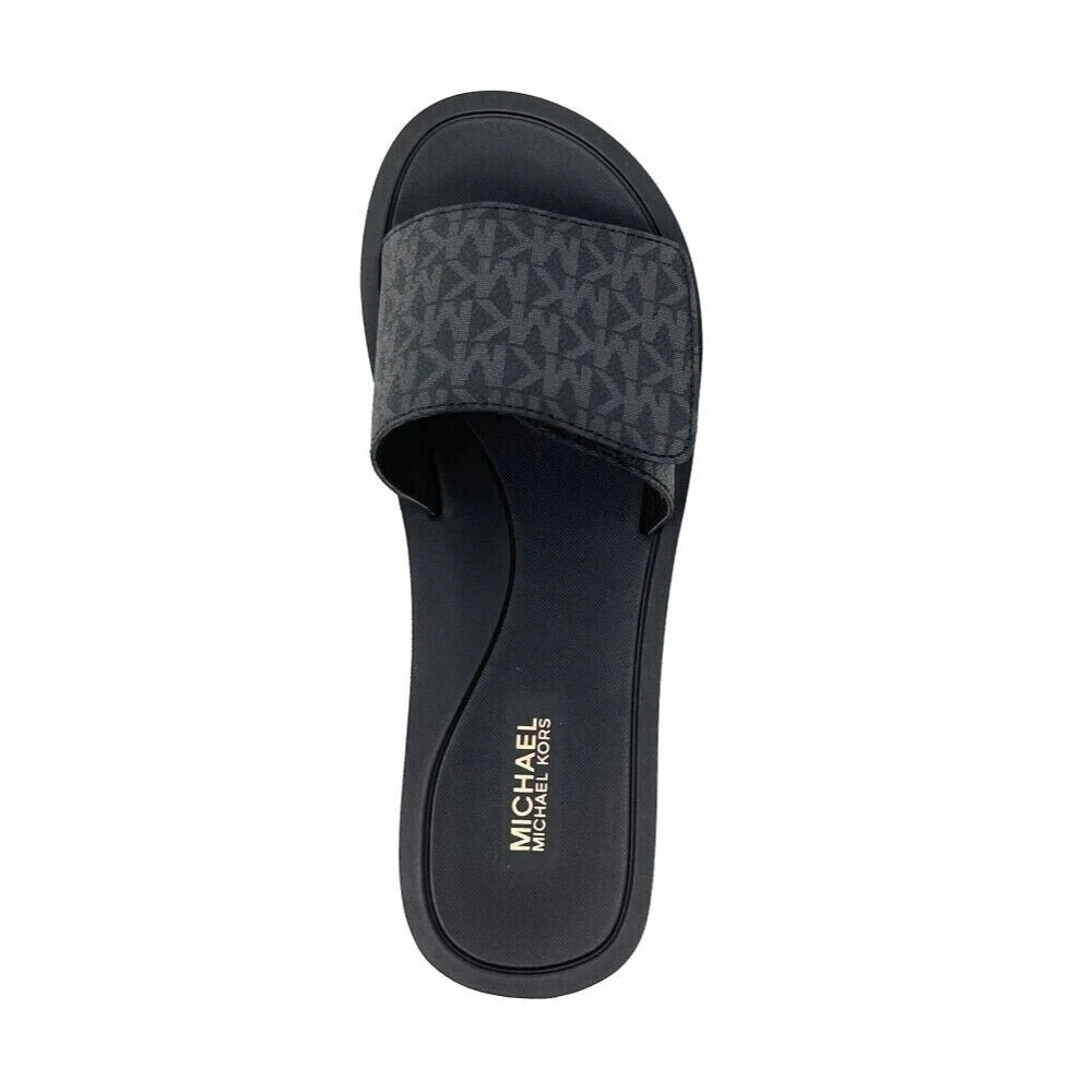 Michael Kors Wade Slide MK Signature Logo Sandals Adjust Closure Black SZ 11 New