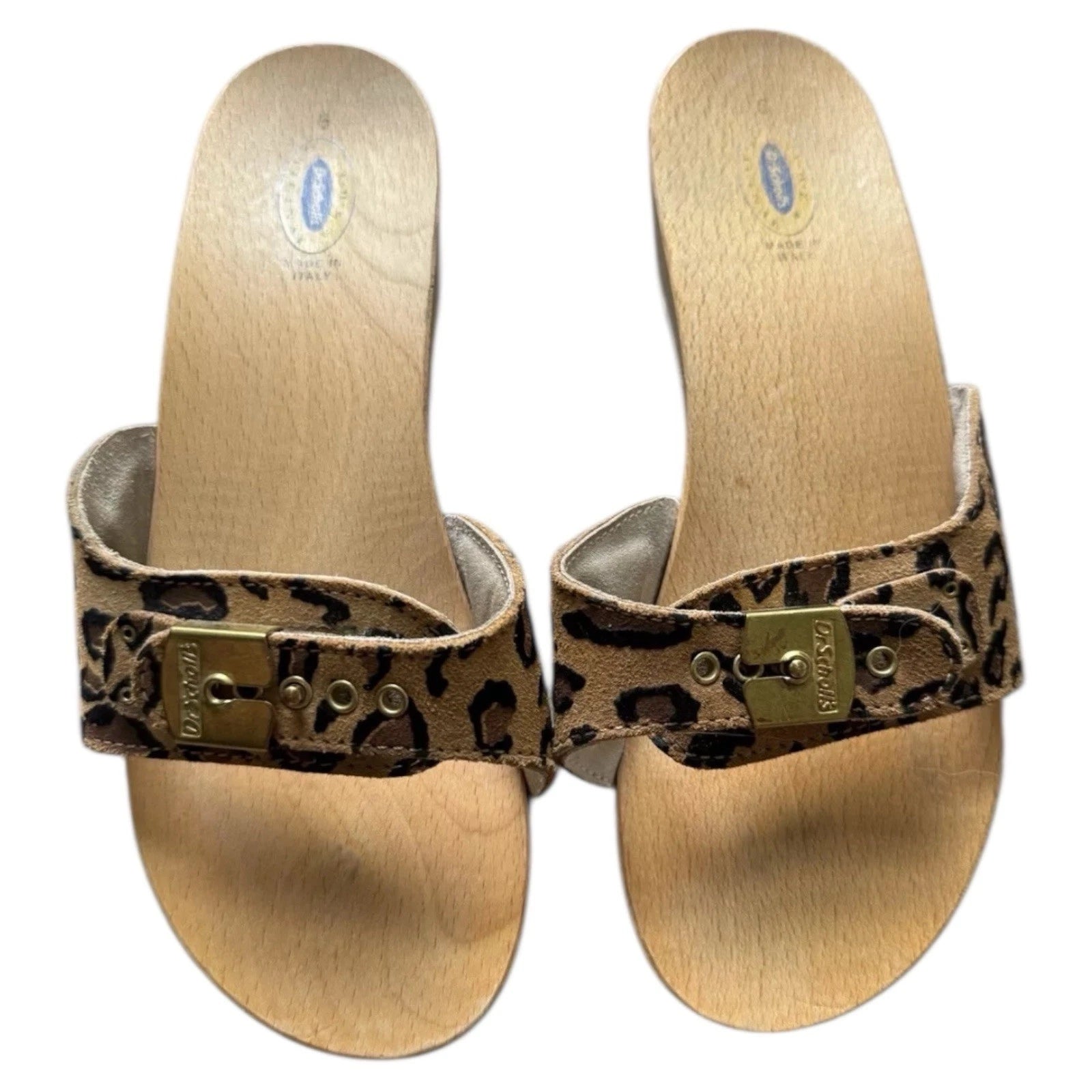 VTG Dr Scholl's Leopard Animal Wood Exercise Sandals Size 6 Made in Italy