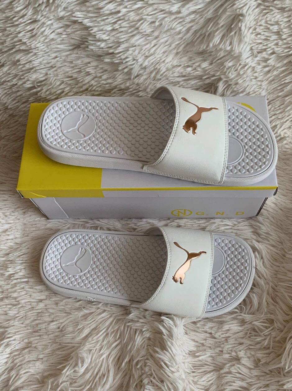 Women’s Slides Size 8 PUMA Cool Cat Sport Style: 371016 17 White Glow/Gold Rose