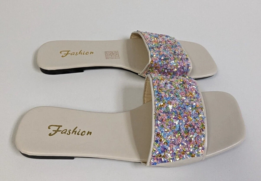 Womens 9.5 Iridescent Bling Rainbow Glitter Sequin Slip On Sandal Slides