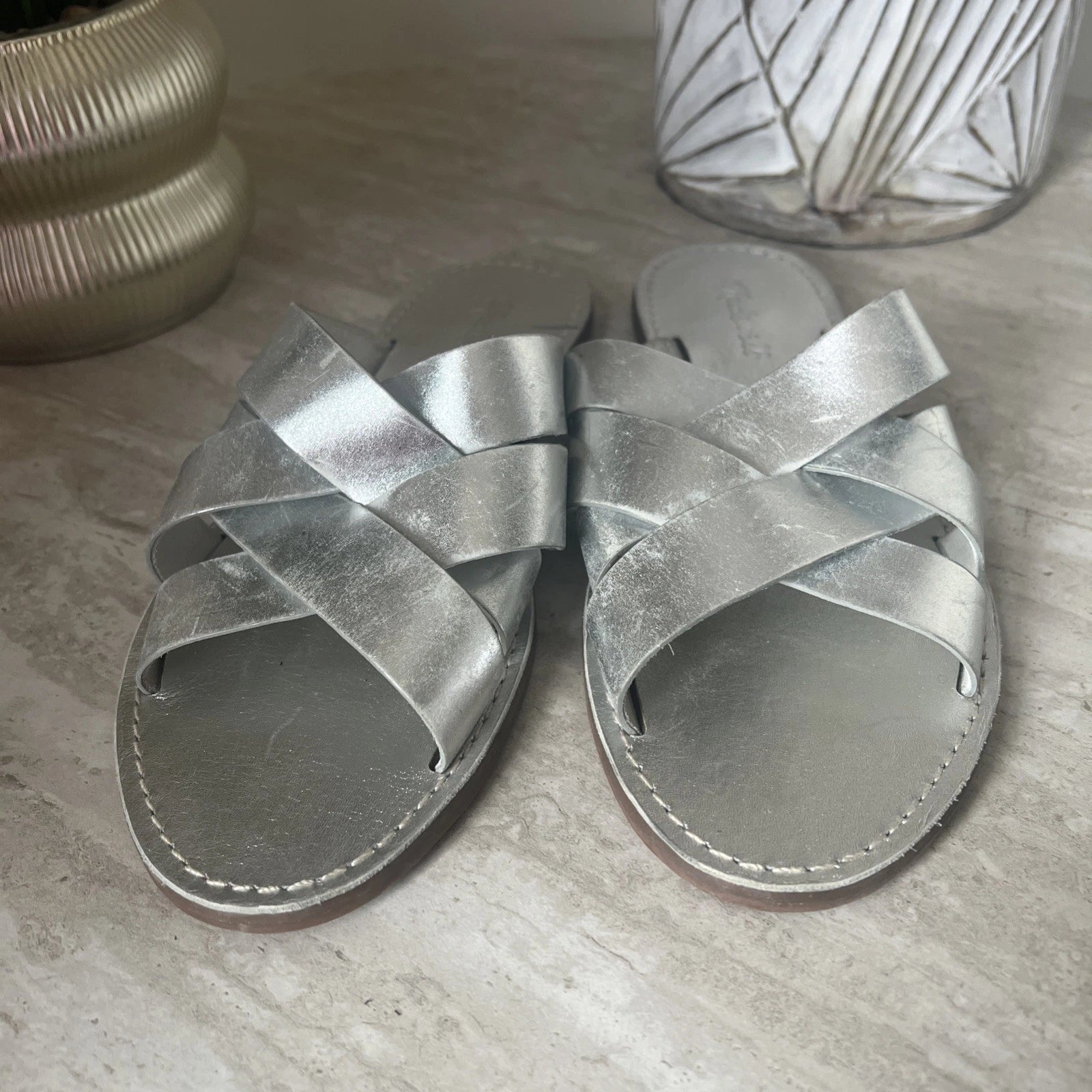 Madewell The Boardwalk Woven Slide Sandals Womens 9 Metallic Silver Open Toe