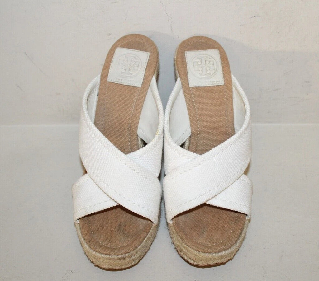 Tory Burch Wedge Kristen Sandal Wedge Heel Sz 8 M Gold Signature Logo White