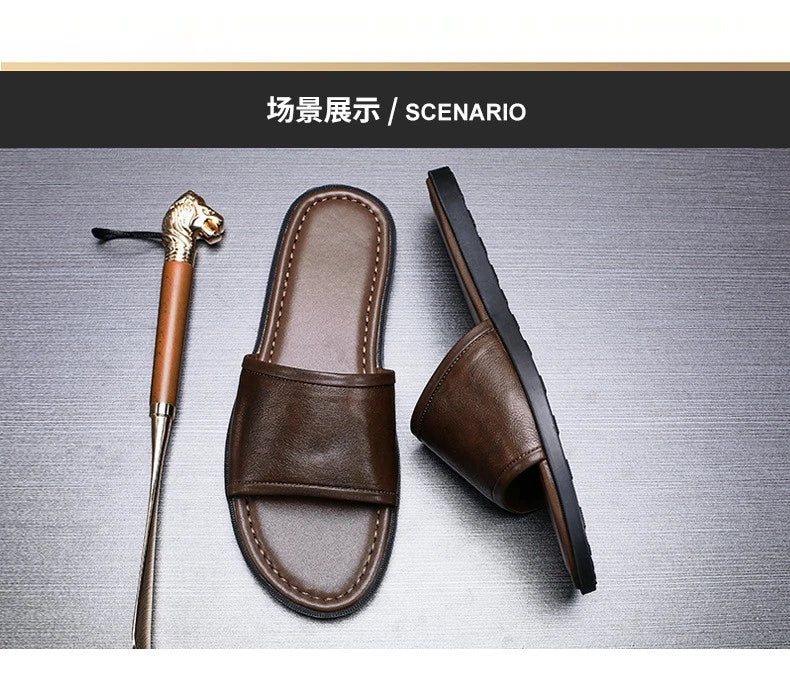 Roman Style Mens Open Toe Sandal Slippers Real Leather Flat Shoes Summer Outdoor