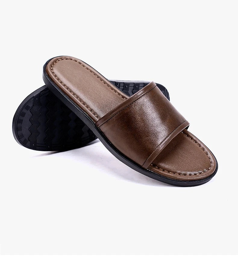 Roman Style Mens Open Toe Sandal Slippers Real Leather Flat Shoes Summer Outdoor