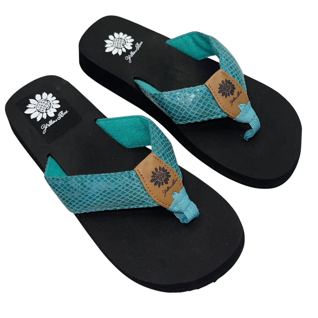 Yellow Box Flip Flops Teal Shiny Snakeskin Embossed Shimmer Wedge Sandal Faya