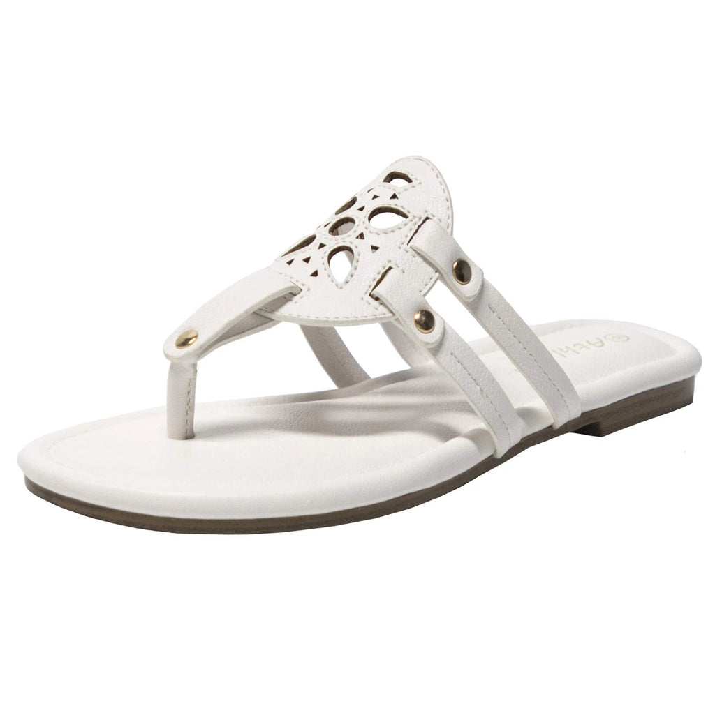 Athlefit Womens Flat Sandals Leather Casual Beach Slip Ons White Sandal Size 6.5