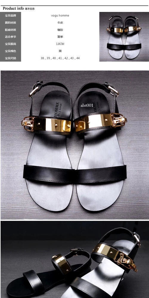 Open Toe Sandals Slingback Metal Trim Casual Real Leather Mens Shoes Roman Style