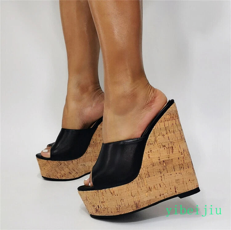 Women's Super High Platform Wedge Heel Slippers Mules Sandals Peep Toe Slide Bar